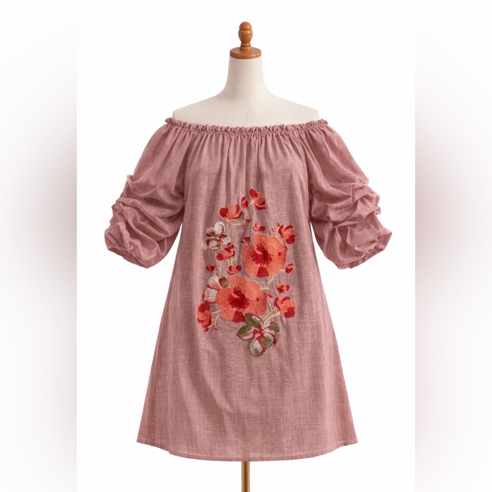 Red Off-Shoulder Dress with Floral Embroidery